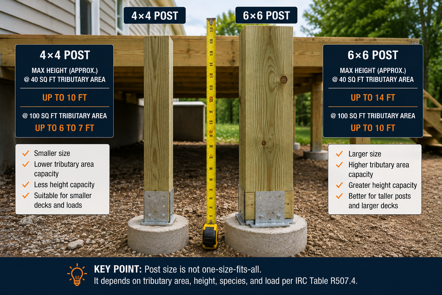 4x4 vs 6x6 deck post comparison showing approximate height capacity at different tributary areas.
